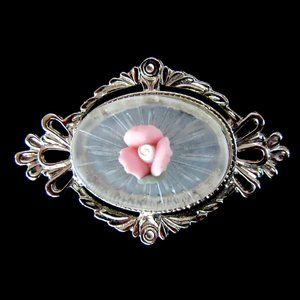 Victorian Revival cameo style frosted lucite & pink rose brooch in silver frame